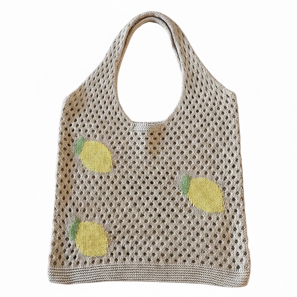 Lemon Patterned Tan Crochet Tote Bag